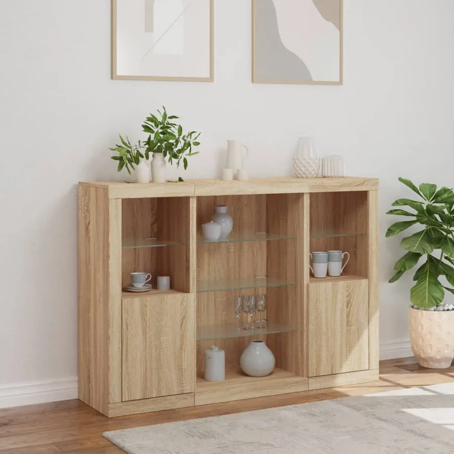 Buffets avec lumières LED 3 pcs chêne sonoma bois d'ingénierie - 4