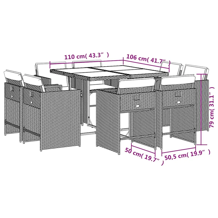 Ensemble à manger de jardin et coussins 9 pcs marron poly rotin - 8