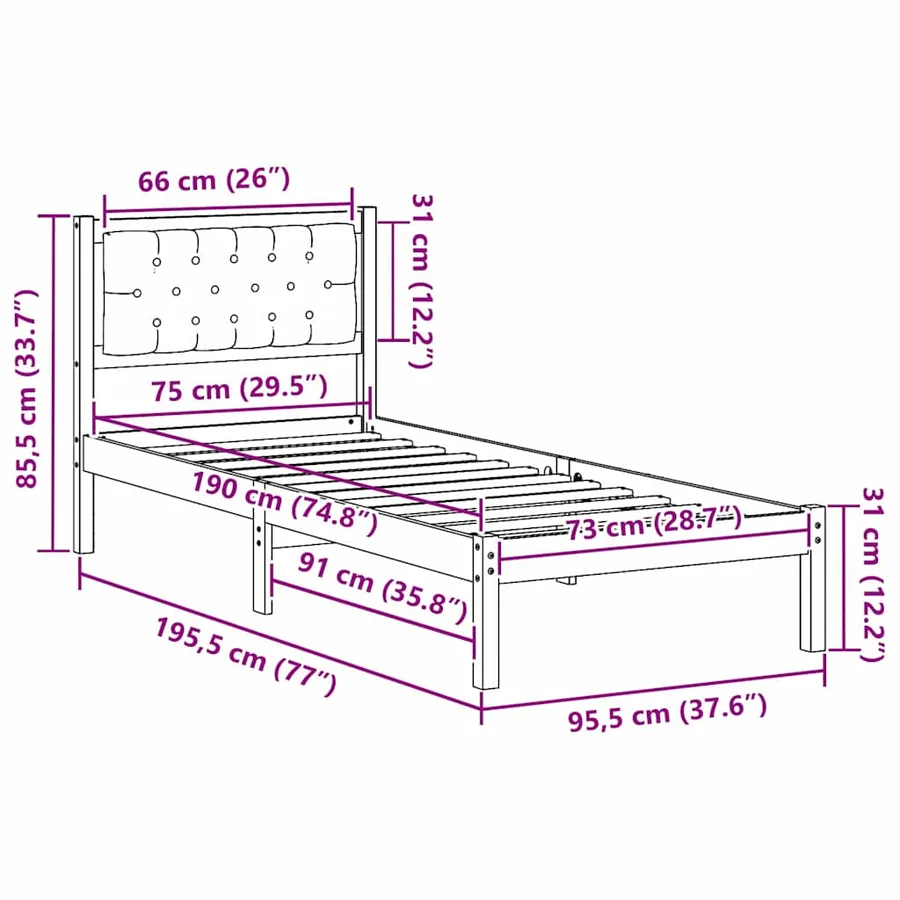 Cadre de lit avec tête de lit Noir 75 x 190 cm Pin massif - 11