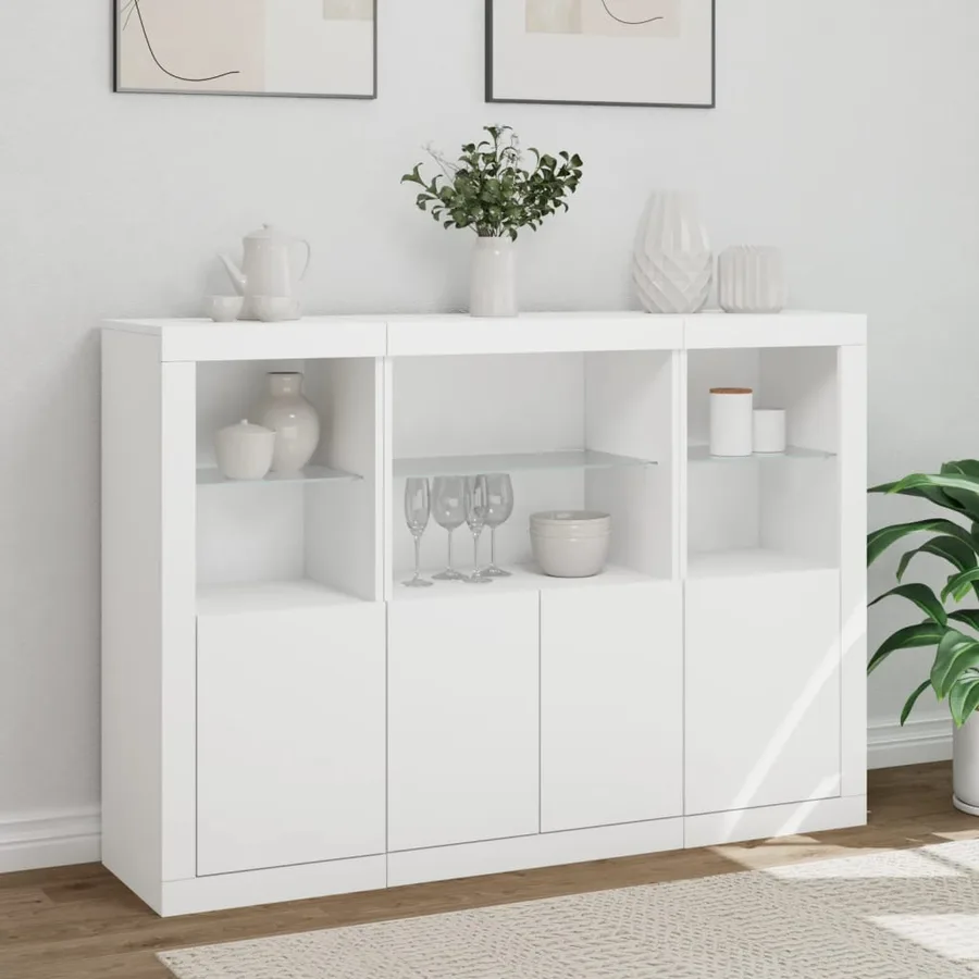 Buffets avec lumières LED 3 pcs blanc bois d'ingénierie - 4