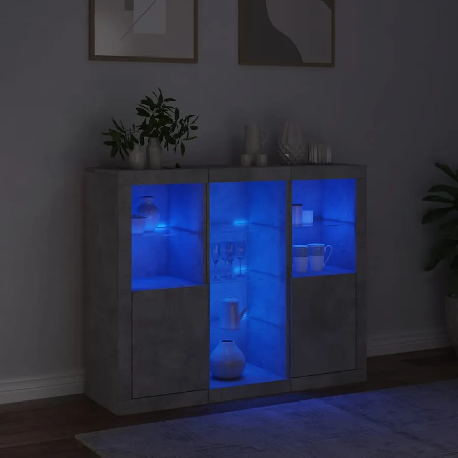 Buffets avec lumières LED 3 pcs gris béton bois d'ingénierie - 3