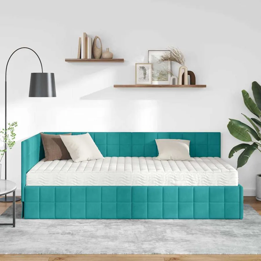 Cadre de lit d'angle avec matelas 2 pcs Turquoise Velours - 3