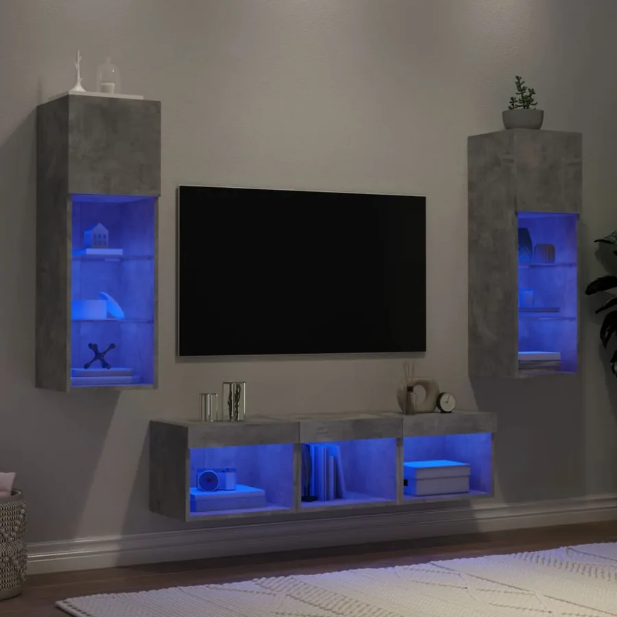 Unités murales TV avec LED 5 pcs gris béton bois d'ingénierie