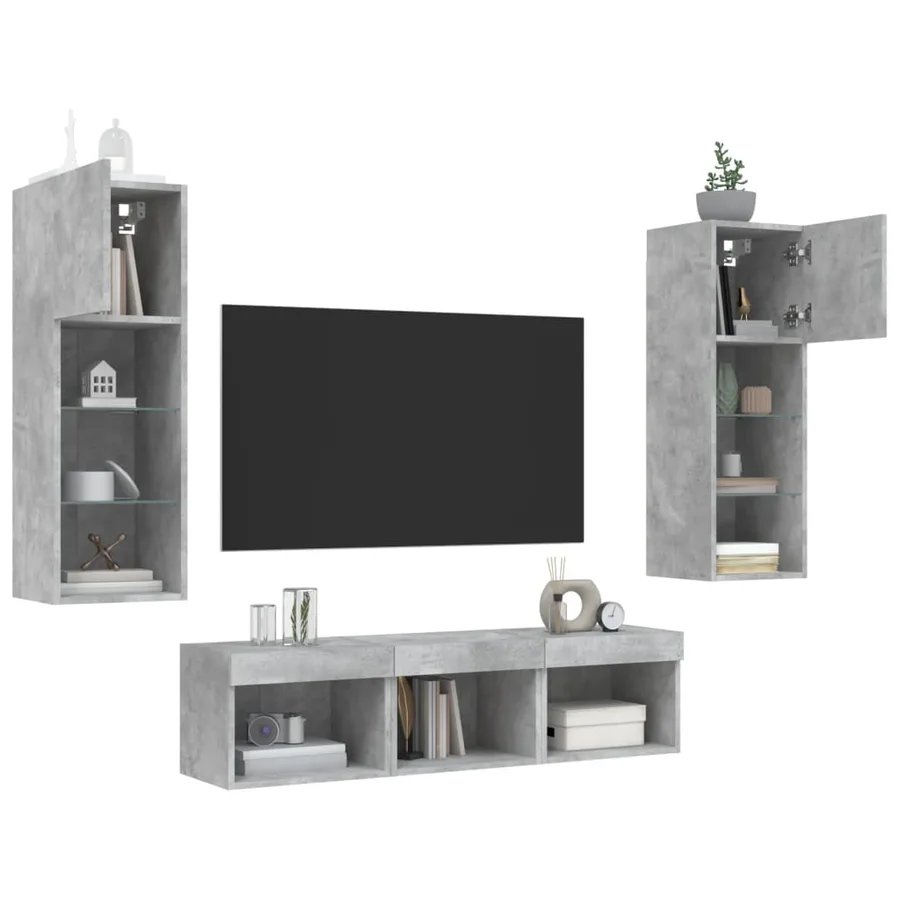 Unités murales TV avec LED 5 pcs gris béton bois d'ingénierie - 4