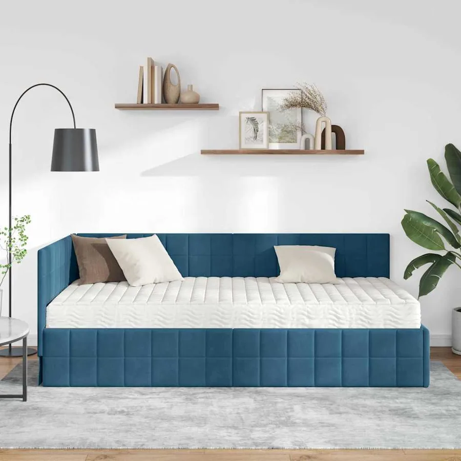 Cadre de lit d'angle avec matelas 2 pcs Bleu Velours - 3