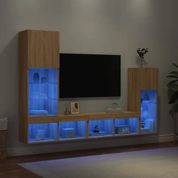 Unités murales TV avec LED 4 pcs chêne sonoma bois d'ingénierie