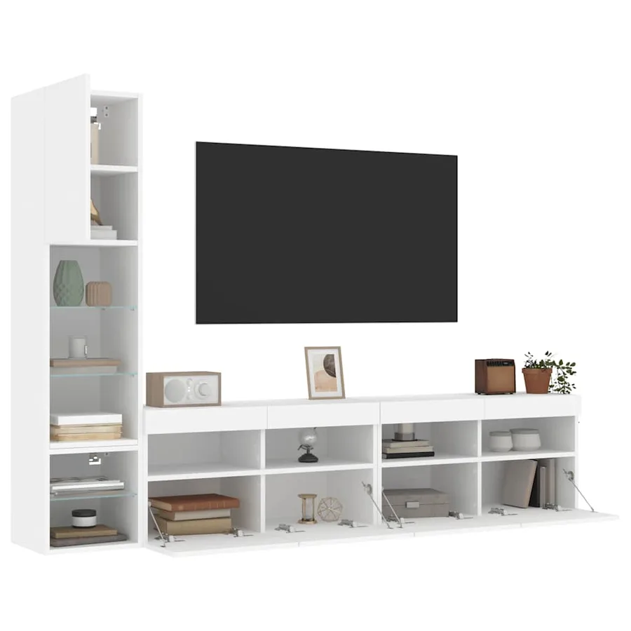 Unités murales TV avec LED 4 pcs blanc bois d'ingénierie - 5