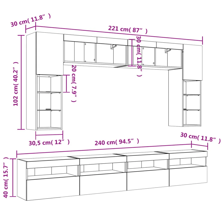 Ensemble de meubles TV muraux 8 pcs avec lumières LED blanc - 17
