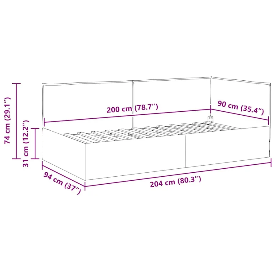 Cadre de lit d'angle Bordeaux 90 x 200 cm tissu - 11