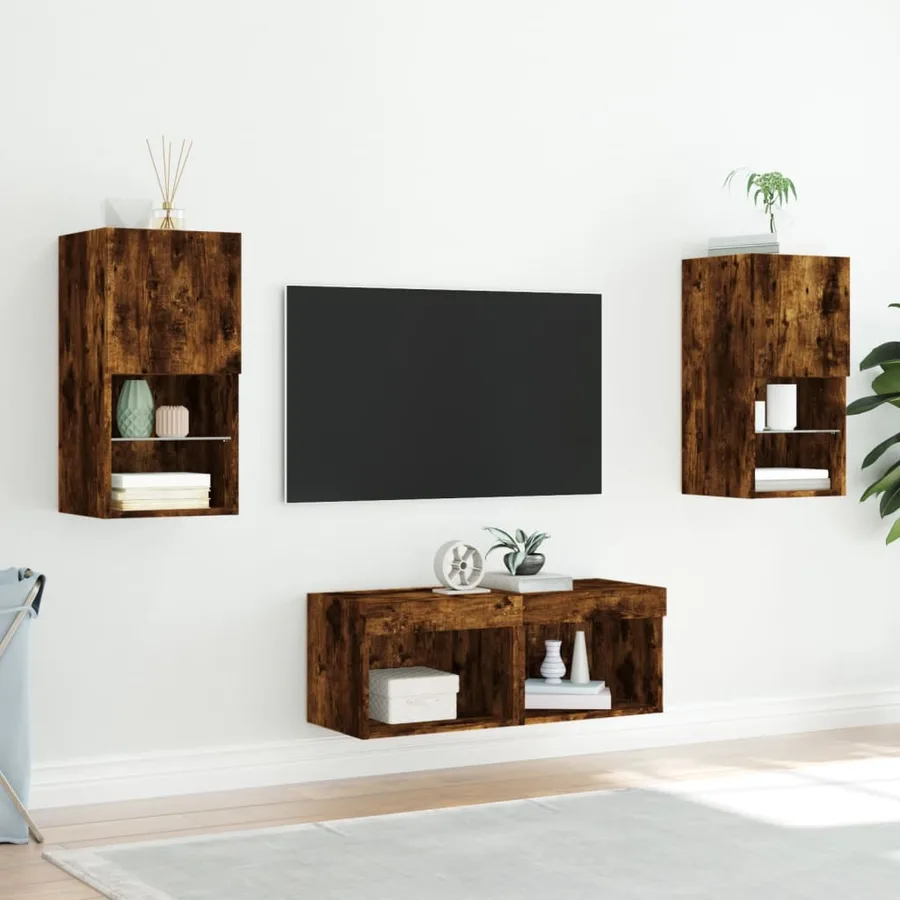 Meuble TV muraux 4 pcs avec lumières LED chêne fumé - 4