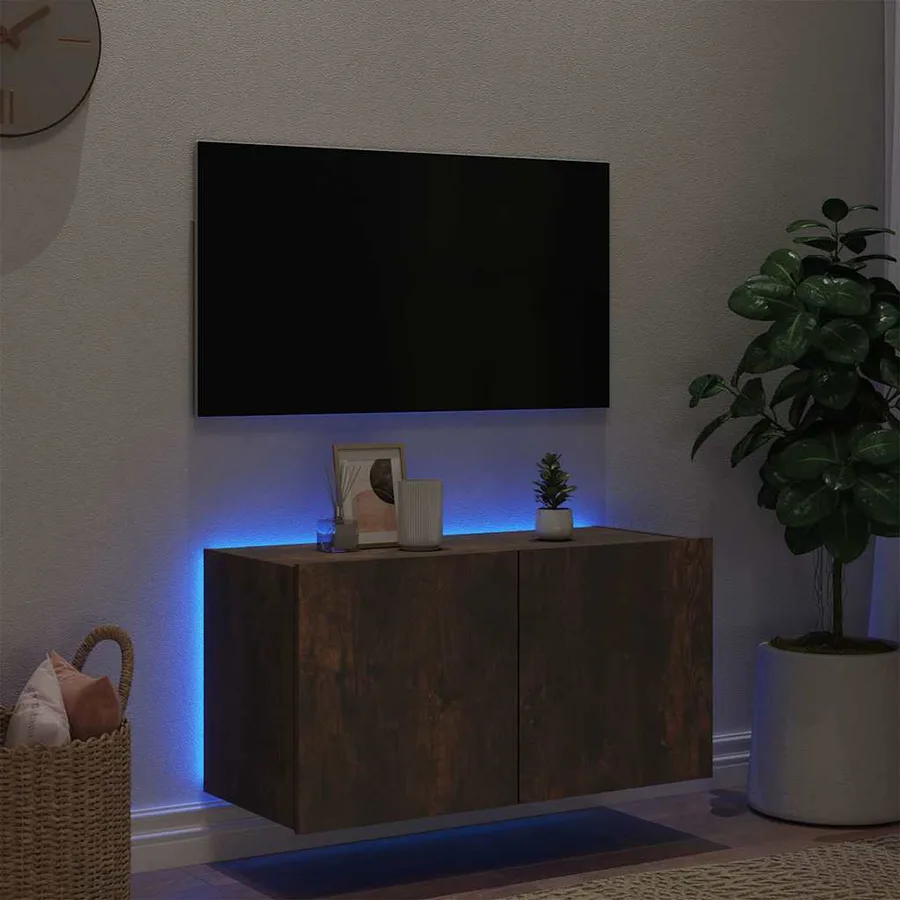 Meuble TV mural avec lumières LED chêne fumé 80x35x41 cm - 4