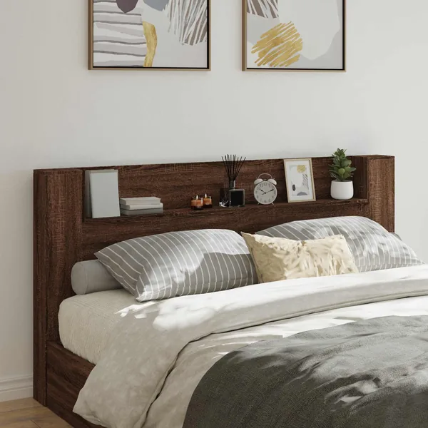 Tête de lit de rangement avec LED Chêne brun Bois d'ingénierie