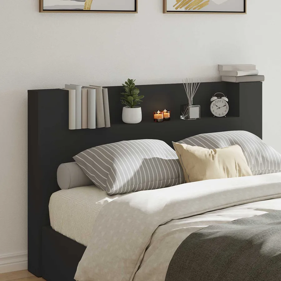 Tête de lit de rangement avec LED Noir Bois d'ingénierie