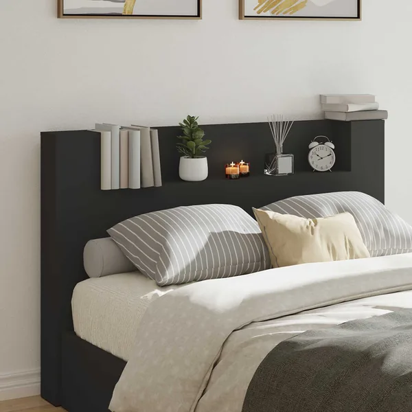 Tête de lit de rangement avec LED Noir Bois d'ingénierie