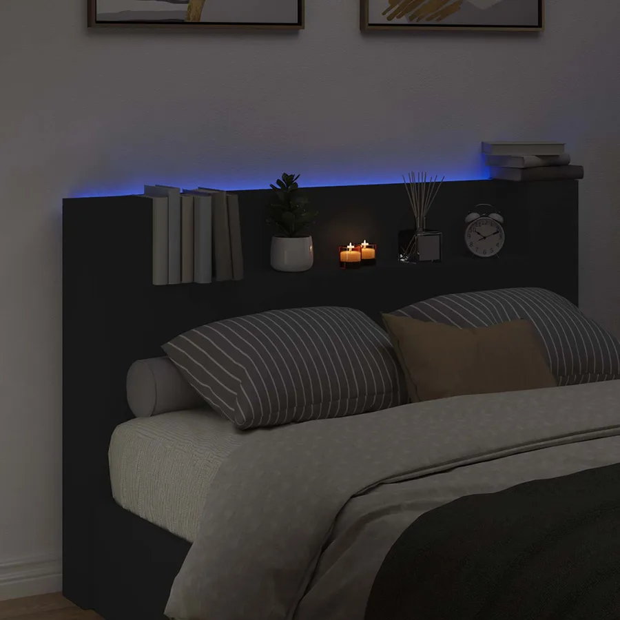 Tête de lit de rangement avec LED Noir Bois d'ingénierie - 4