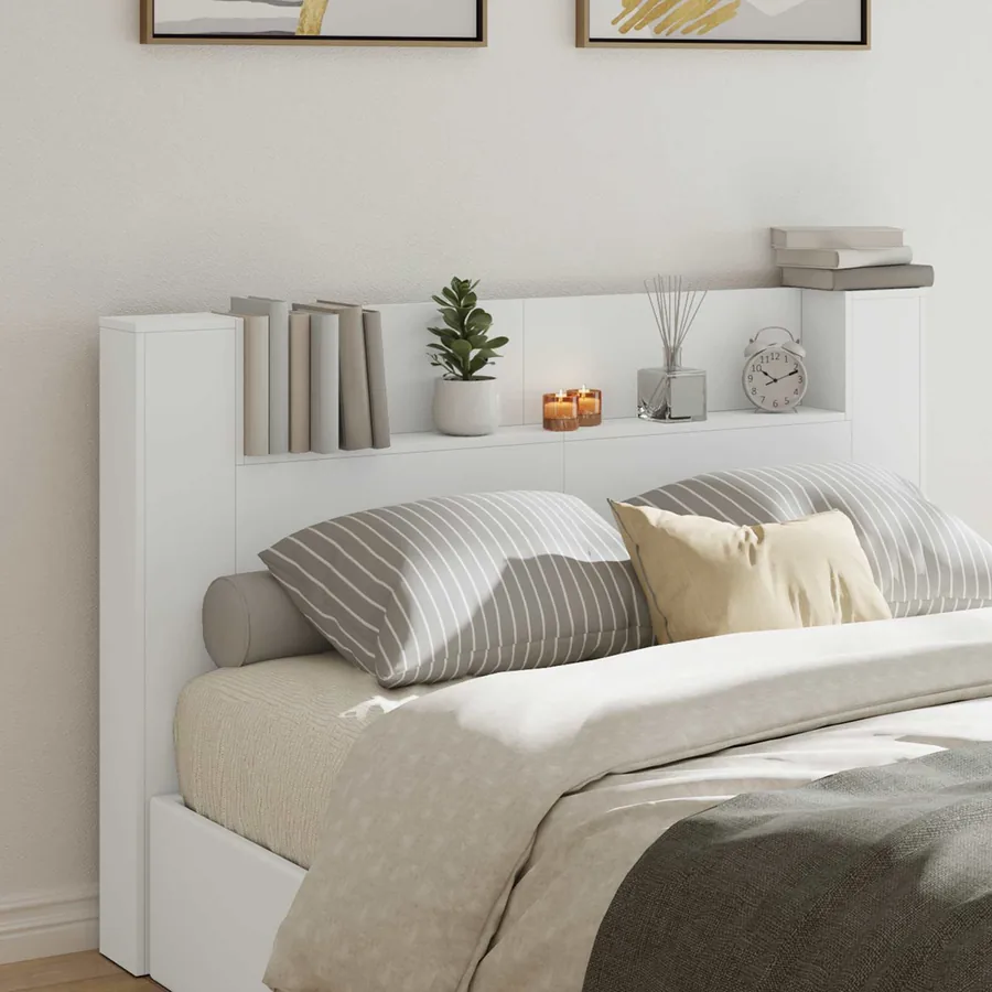 Tête de lit de rangement avec LED Blanc Bois d'ingénierie