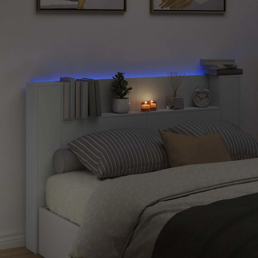 Tête de lit de rangement avec LED Blanc Bois d'ingénierie - 4