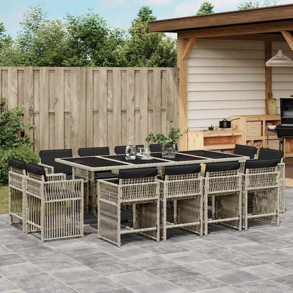 Ensemble à manger de jardin et coussins 13 pcs gris clair rotin