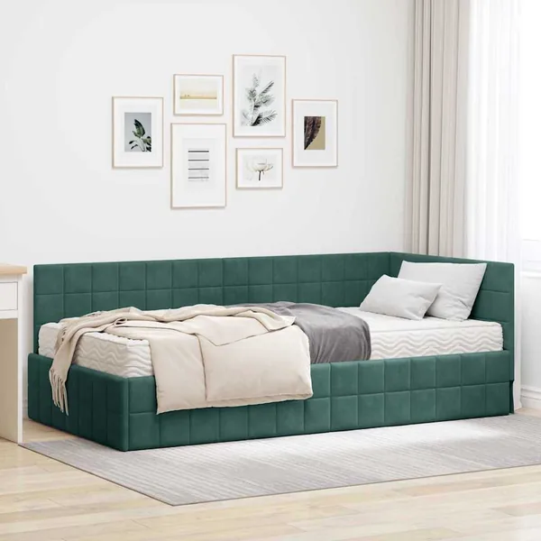 Cadre de lit d'angle avec matelas 2 pcs Vert Velours