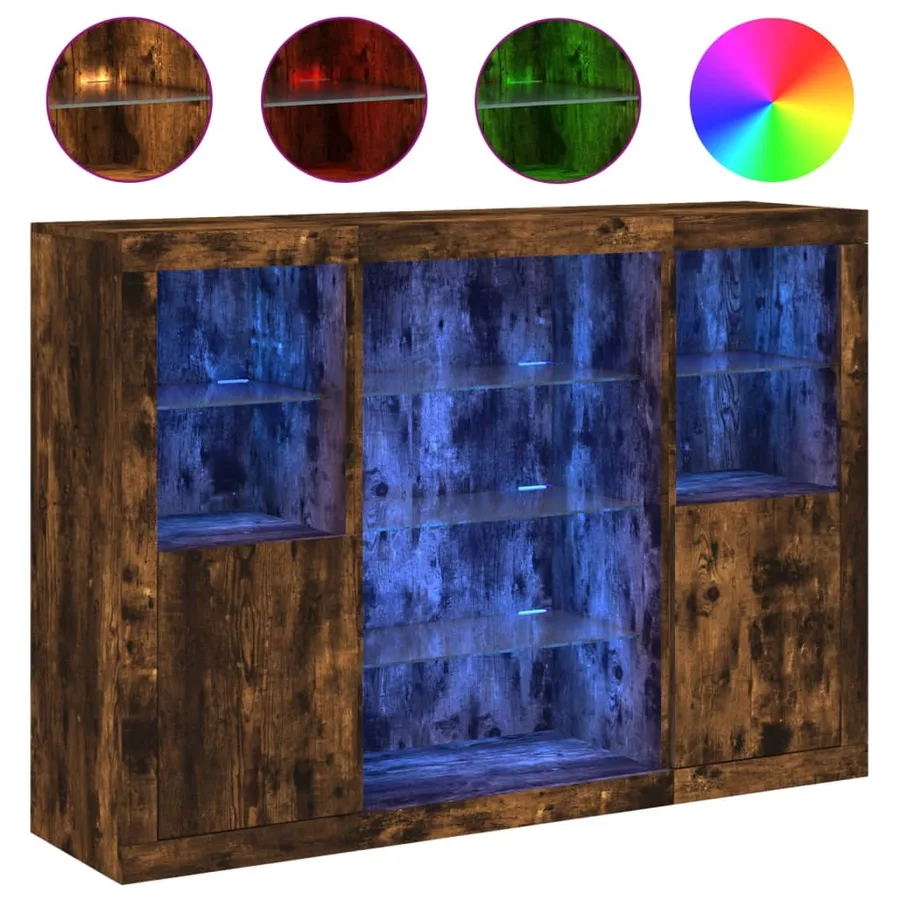 Buffets avec lumières LED 3 pcs chêne fumé bois d'ingénierie - 2