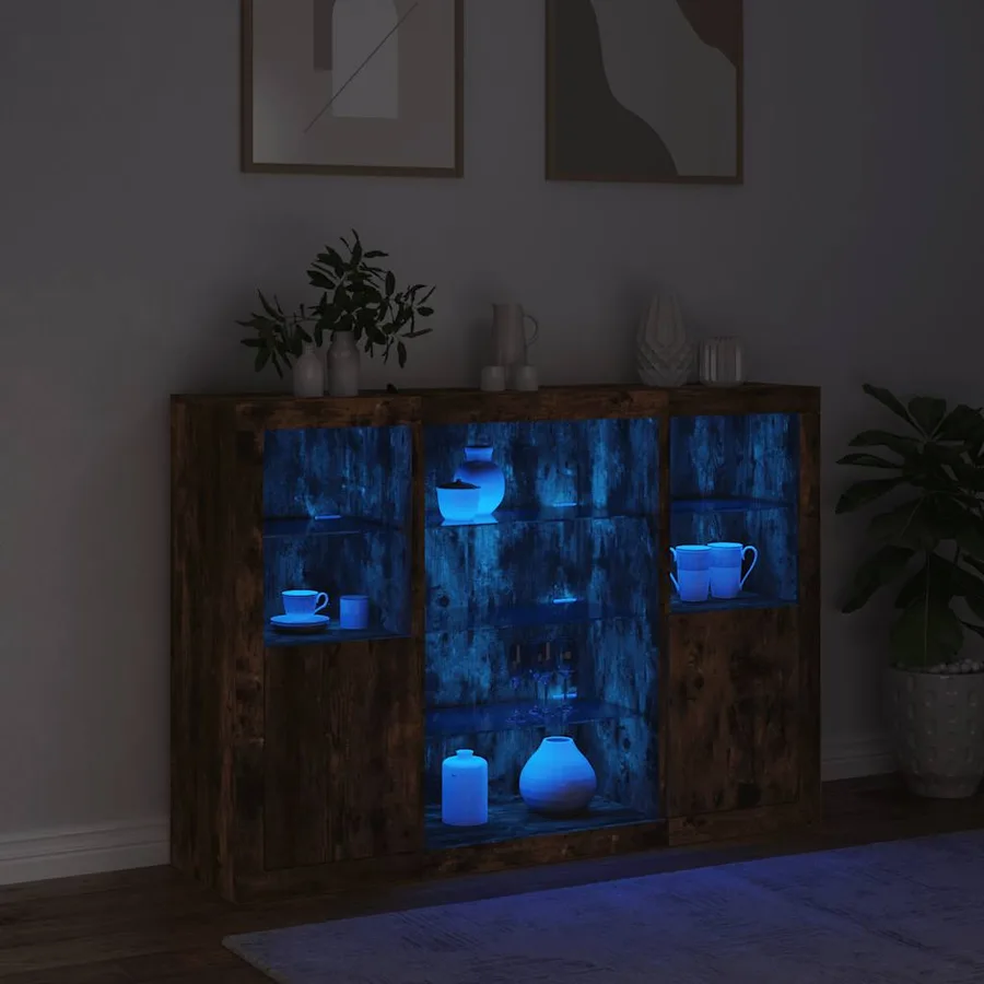 Buffets avec lumières LED 3 pcs chêne fumé bois d'ingénierie - 3