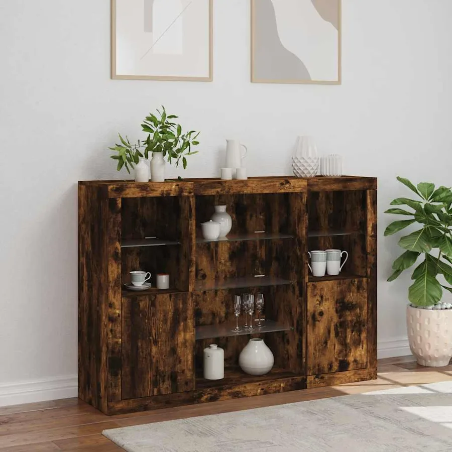Buffets avec lumières LED 3 pcs chêne fumé bois d'ingénierie - 4
