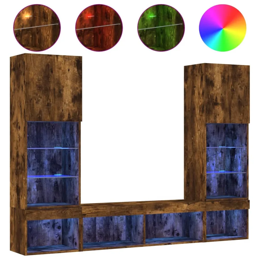 Unités murales TV avec LED 5 pcs chêne fumé bois d'ingénierie - 2