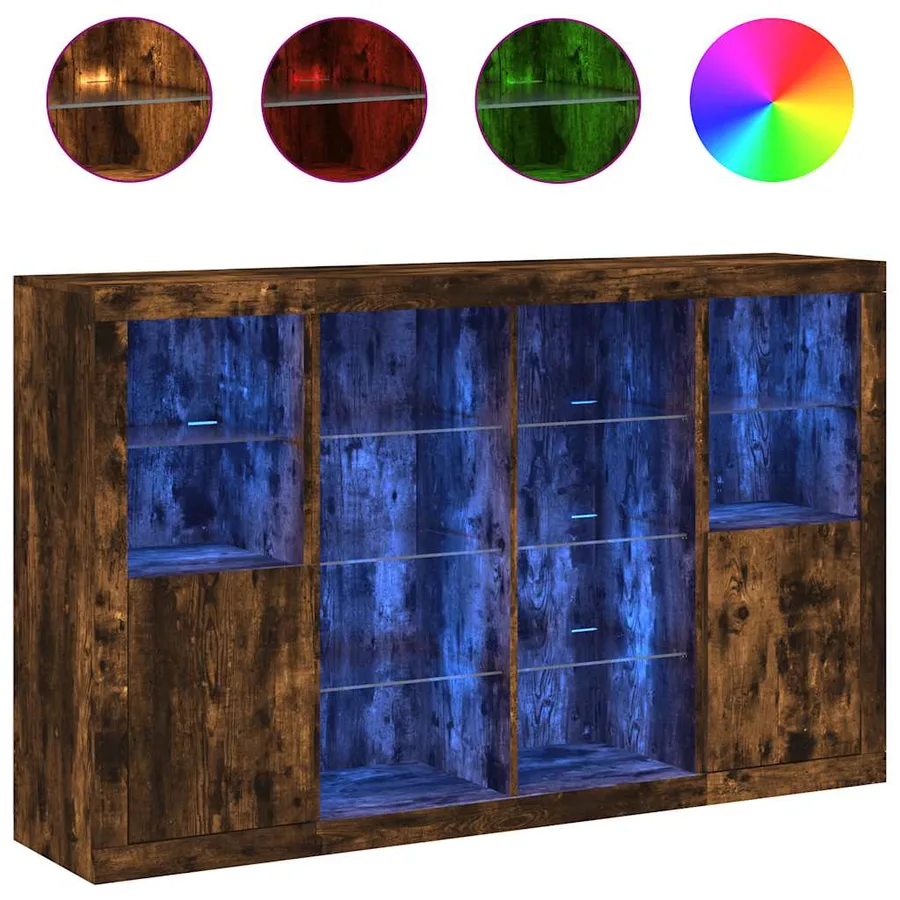 Buffets avec lumières LED 3 pcs chêne fumé bois d'ingénierie - 2