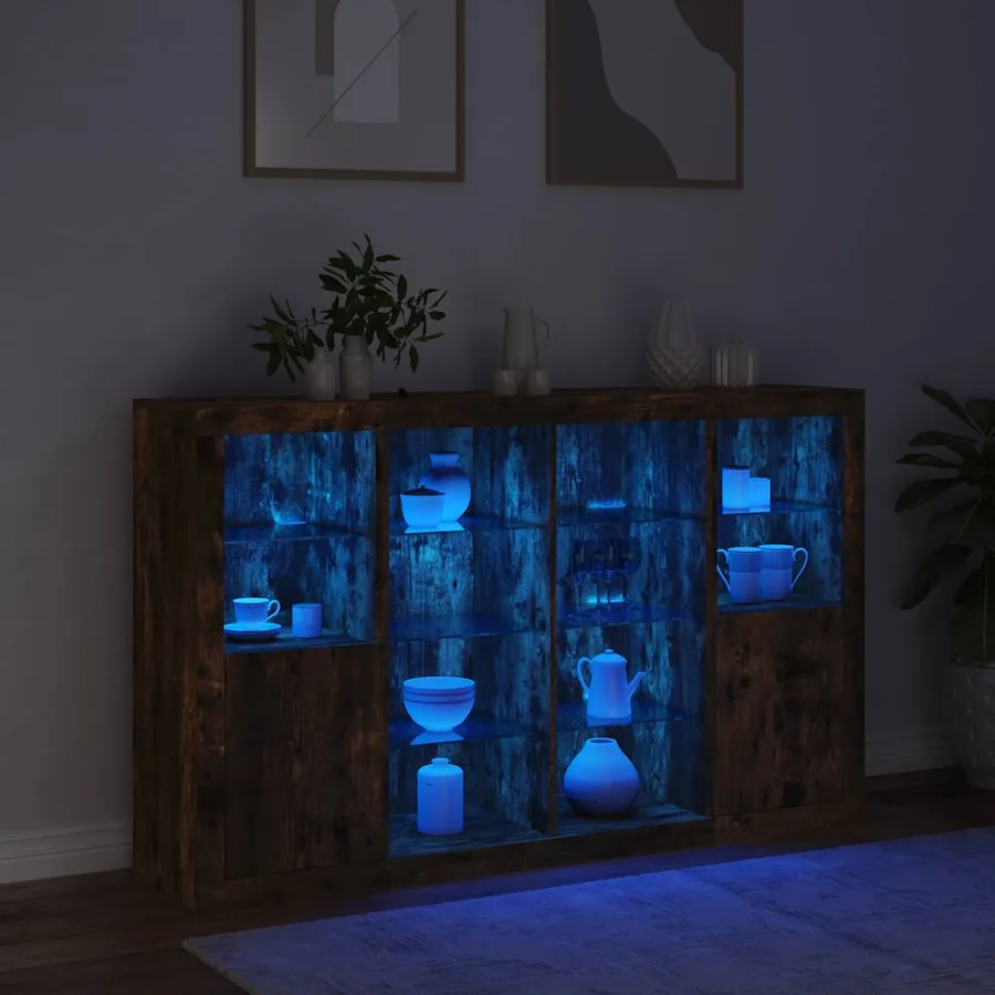 Buffets avec lumières LED 3 pcs chêne fumé bois d'ingénierie - 3