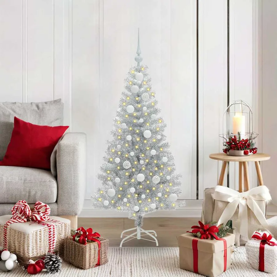 Sapin de Noël avec 150 LED avec support Argent 120 cm PET