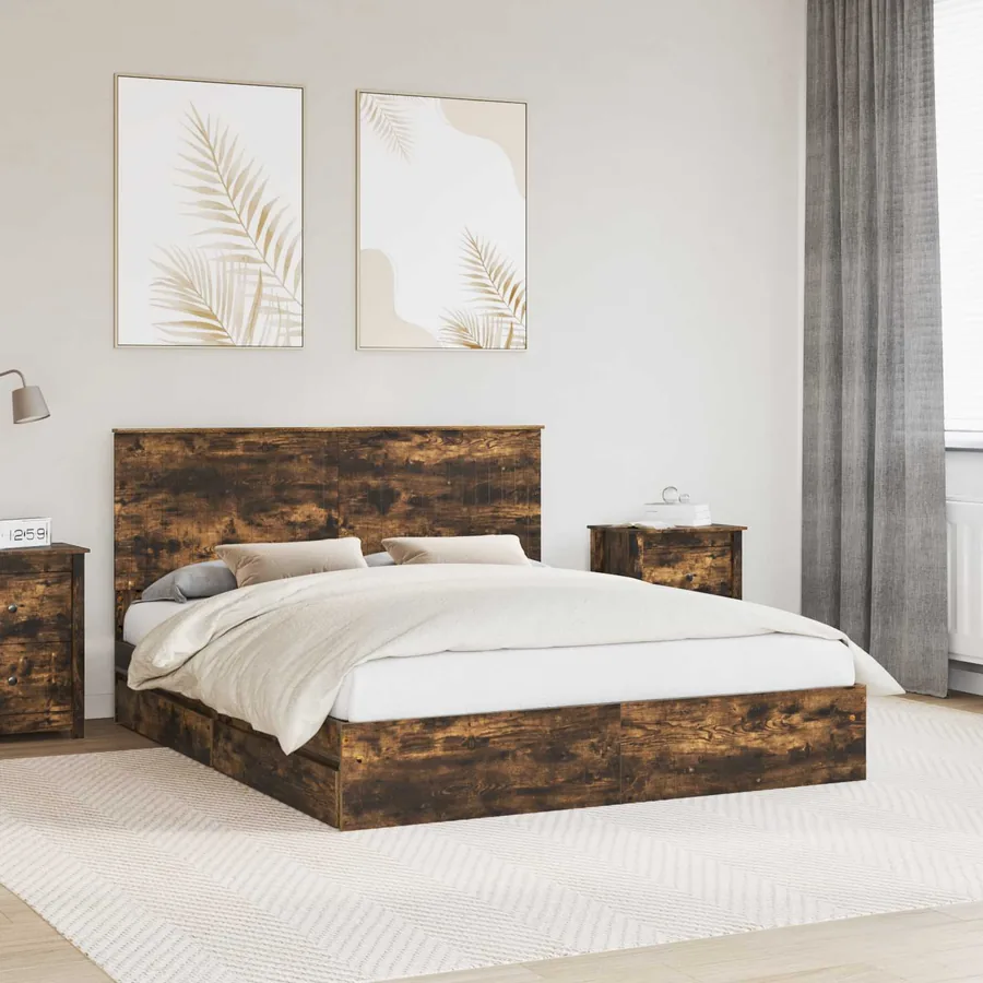 Lit de Rangement Chêne fumé 160 x 200 cm Bois d'ingénierie