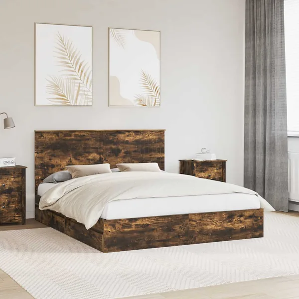 Lit de Rangement Chêne fumé 160 x 200 cm Bois d'ingénierie