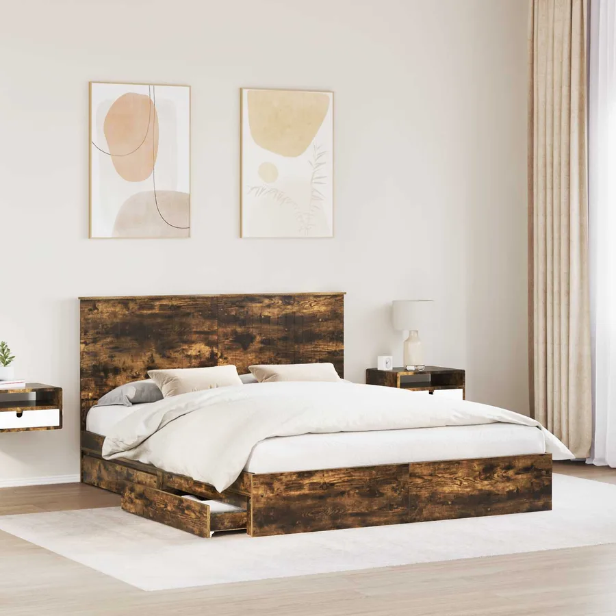 Lit de Rangement Chêne fumé 160 x 200 cm Bois d'ingénierie - 3