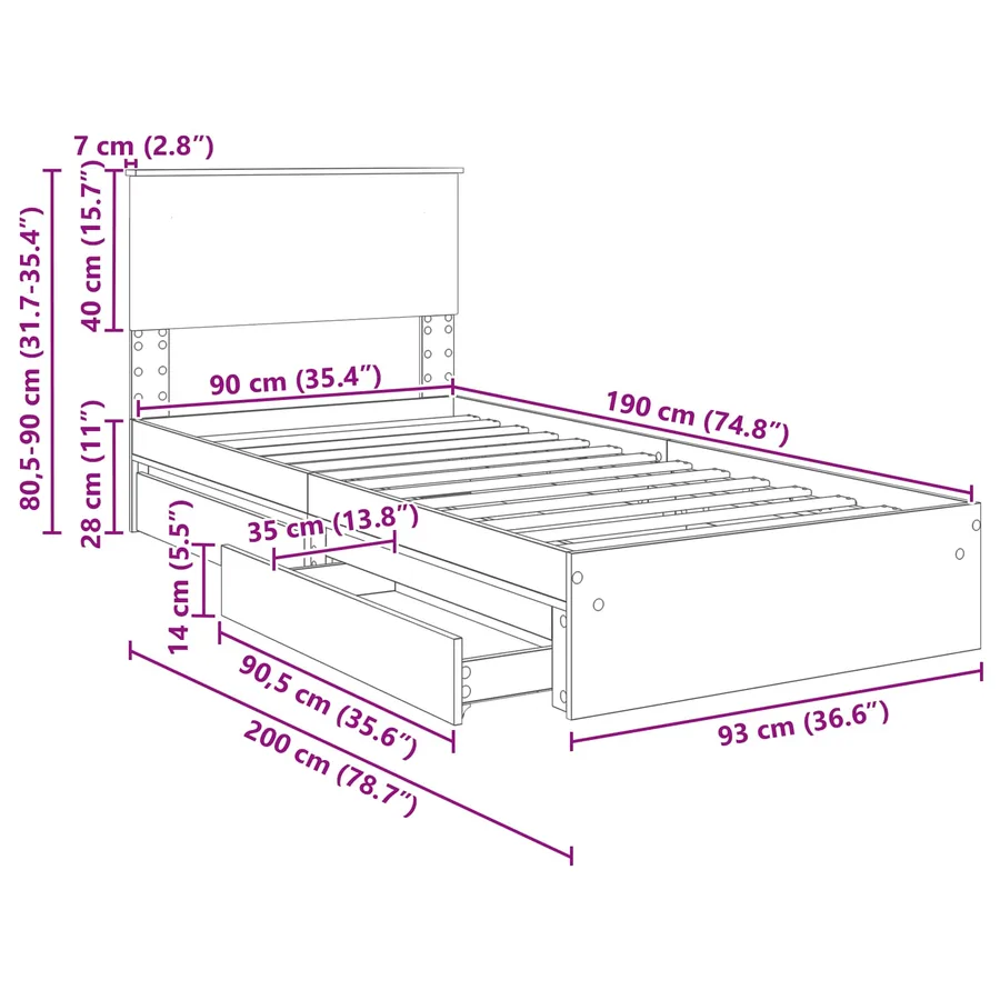 Lit de Rangement Gris béton 90 x 190 cm Bois d'ingénierie - 14
