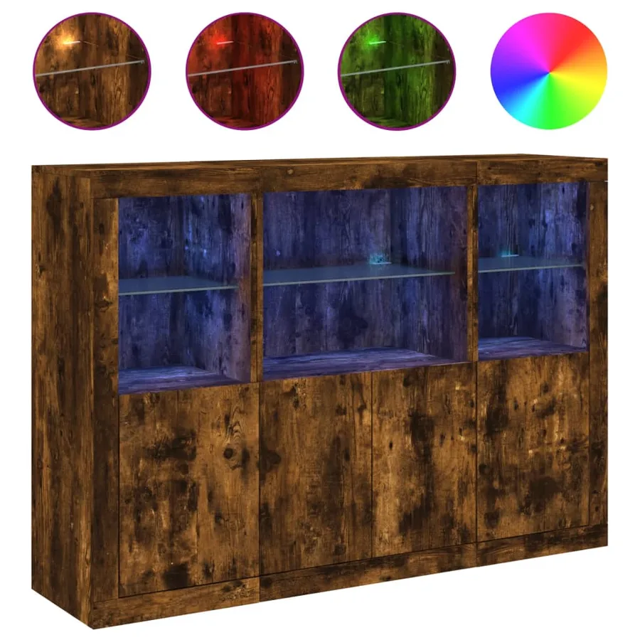 Buffets avec lumières LED 3 pcs chêne fumé bois d'ingénierie - 2