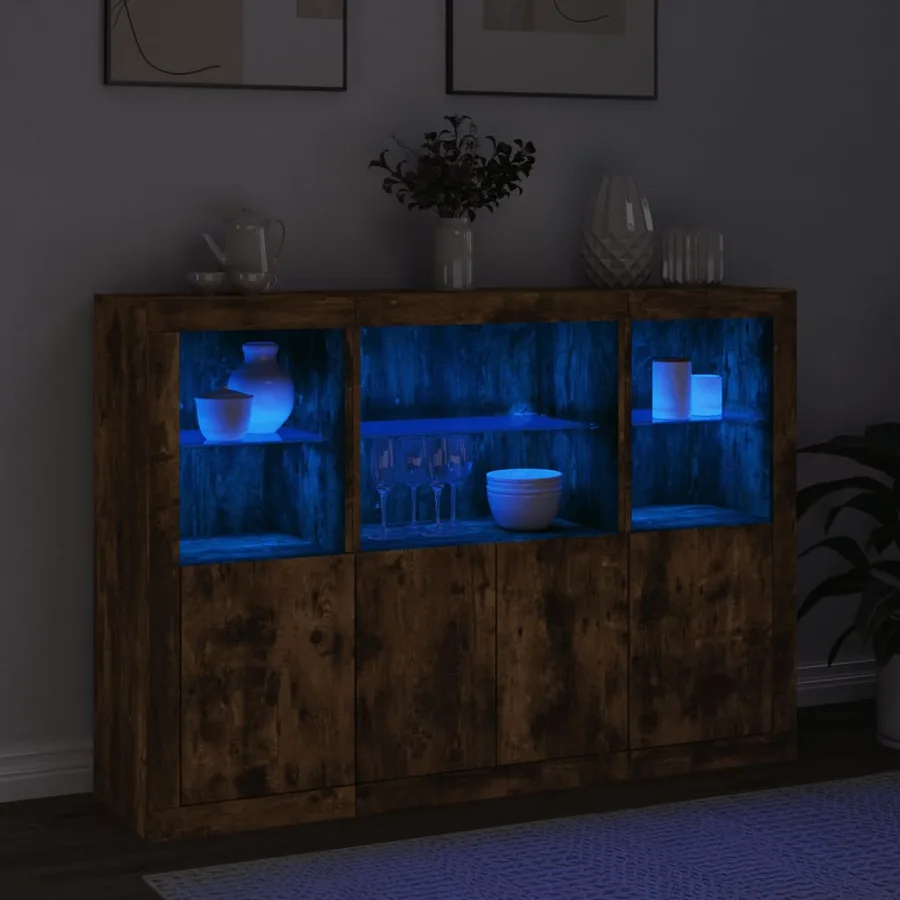 Buffets avec lumières LED 3 pcs chêne fumé bois d'ingénierie - 3