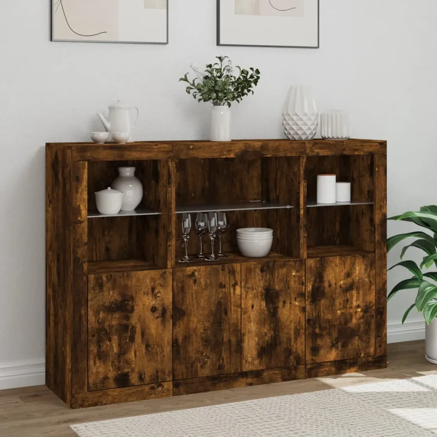 Buffets avec lumières LED 3 pcs chêne fumé bois d'ingénierie - 4