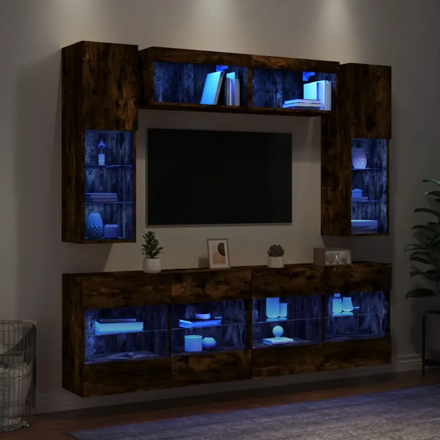 Ensemble de meubles TV muraux 6pcs et lumières LED chêne fumé