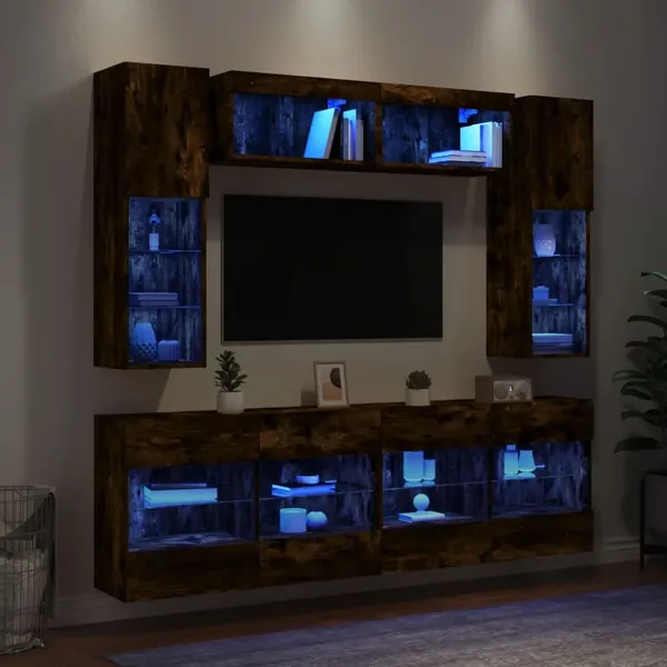 Ensemble de meubles TV muraux 6pcs et lumières LED chêne fumé