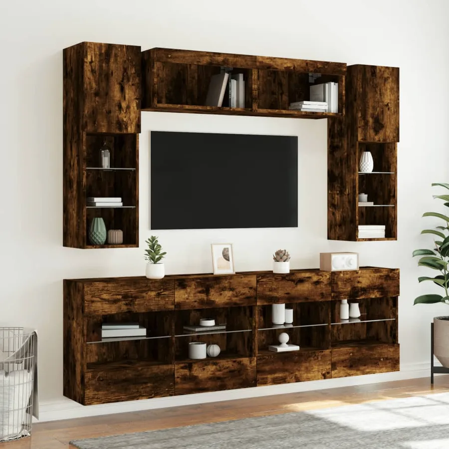 Ensemble de meubles TV muraux 6pcs et lumières LED chêne fumé - 4
