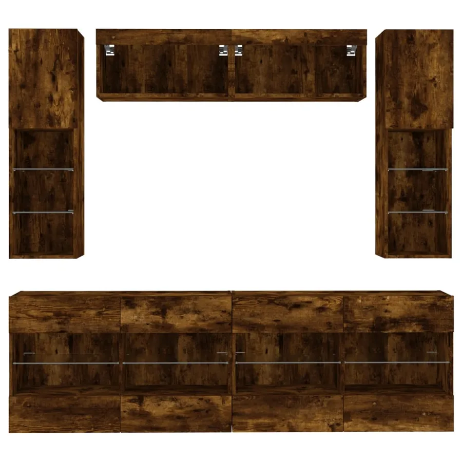 Ensemble de meubles TV muraux 6pcs et lumières LED chêne fumé - 6