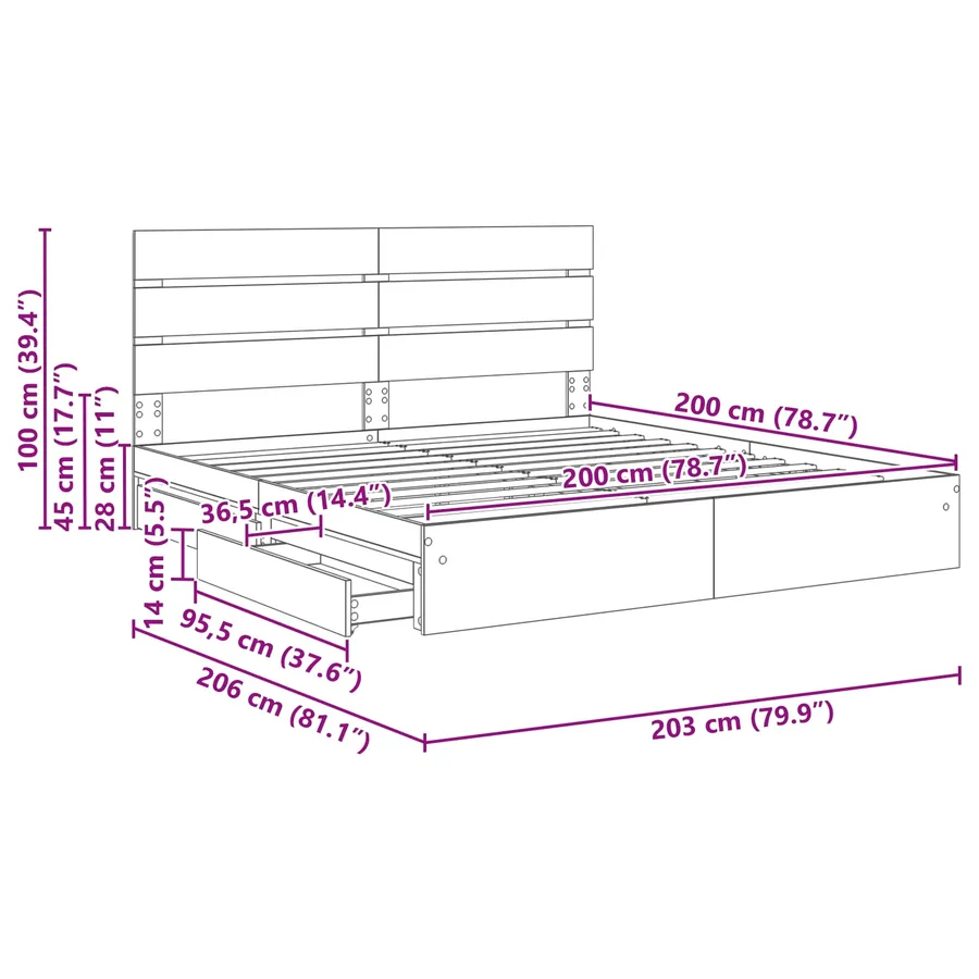 Lit de Rangement Gris béton 200 x 200 cm Bois d'ingénierie - 14