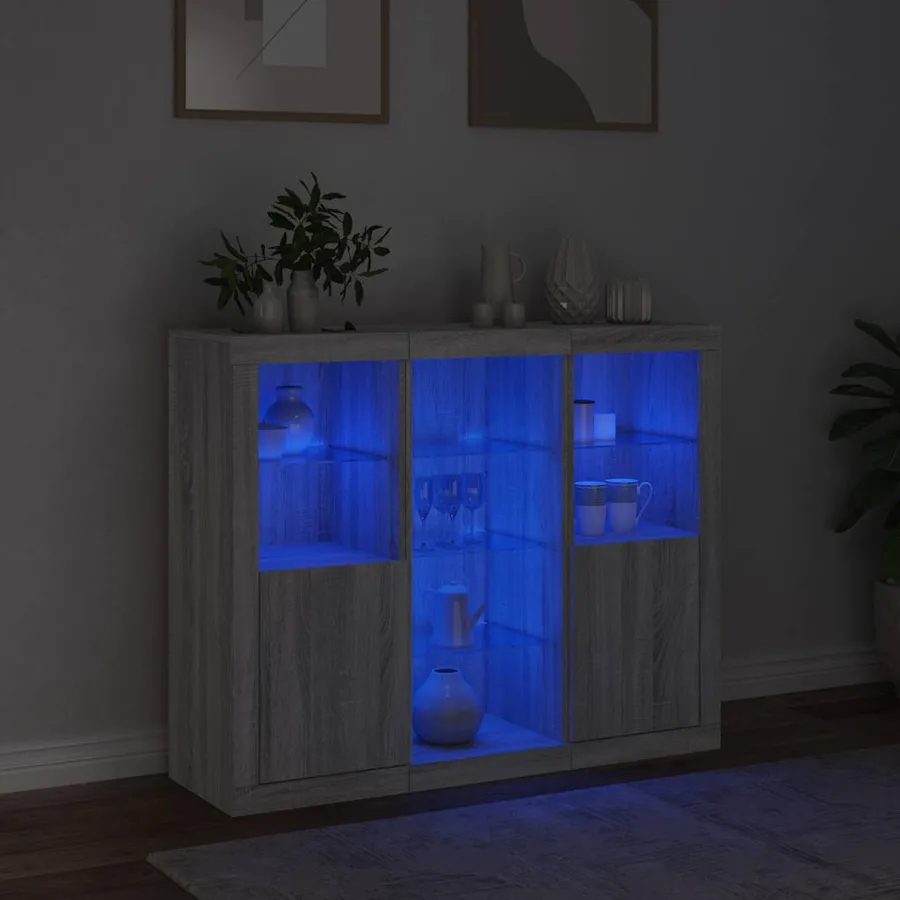 Buffets avec lumières LED 3 pcs sonoma gris bois d'ingénierie - 3