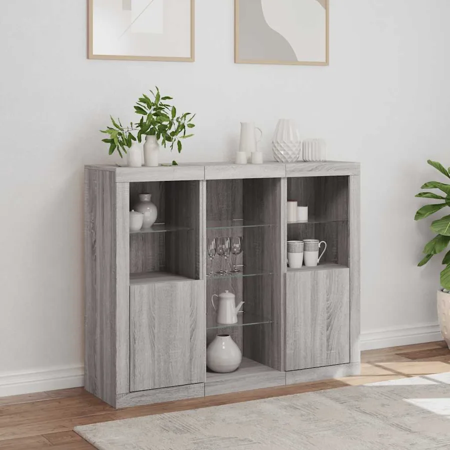 Buffets avec lumières LED 3 pcs sonoma gris bois d'ingénierie - 4