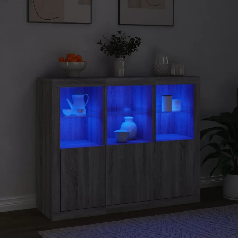Buffets avec lumières LED 3 pcs sonoma gris bois d'ingénierie - 3