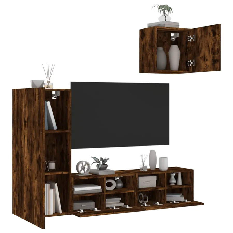 Unités murales TV 4 pcs chêne fumé bois d'ingénierie
