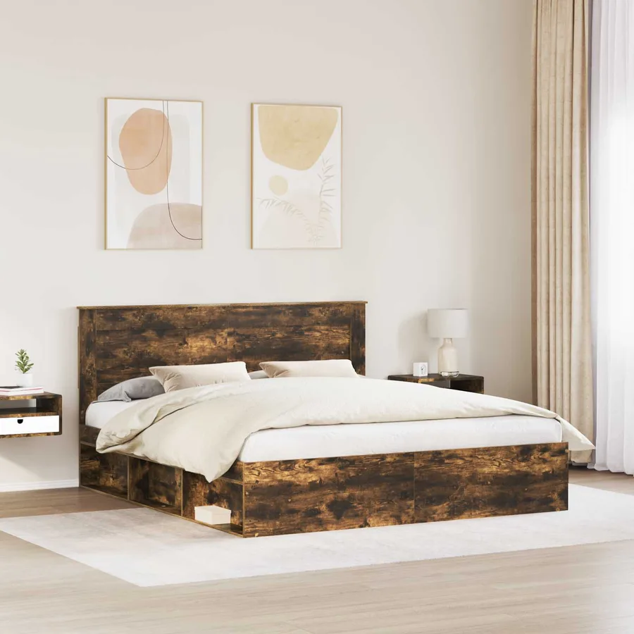Cadre de lit Chêne fumé 200 x 200 cm Pin massif - 3