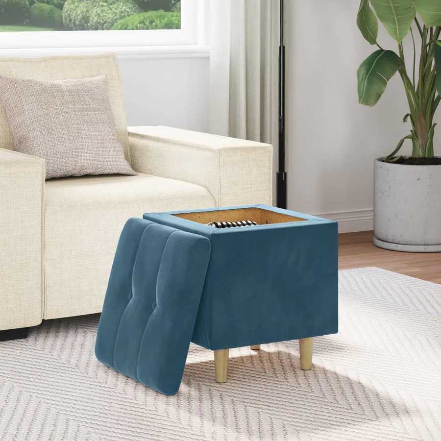 Pouf de rangement avec coussin Bleu 40 x 40 x 45 cm Velours - 4