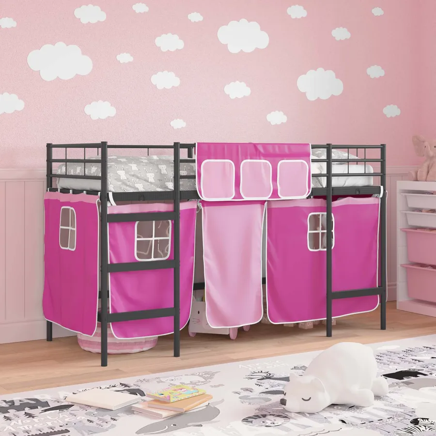 Cadre de Lit Mezzanine pour Enfants avec Rideaux Noir et rose - 3