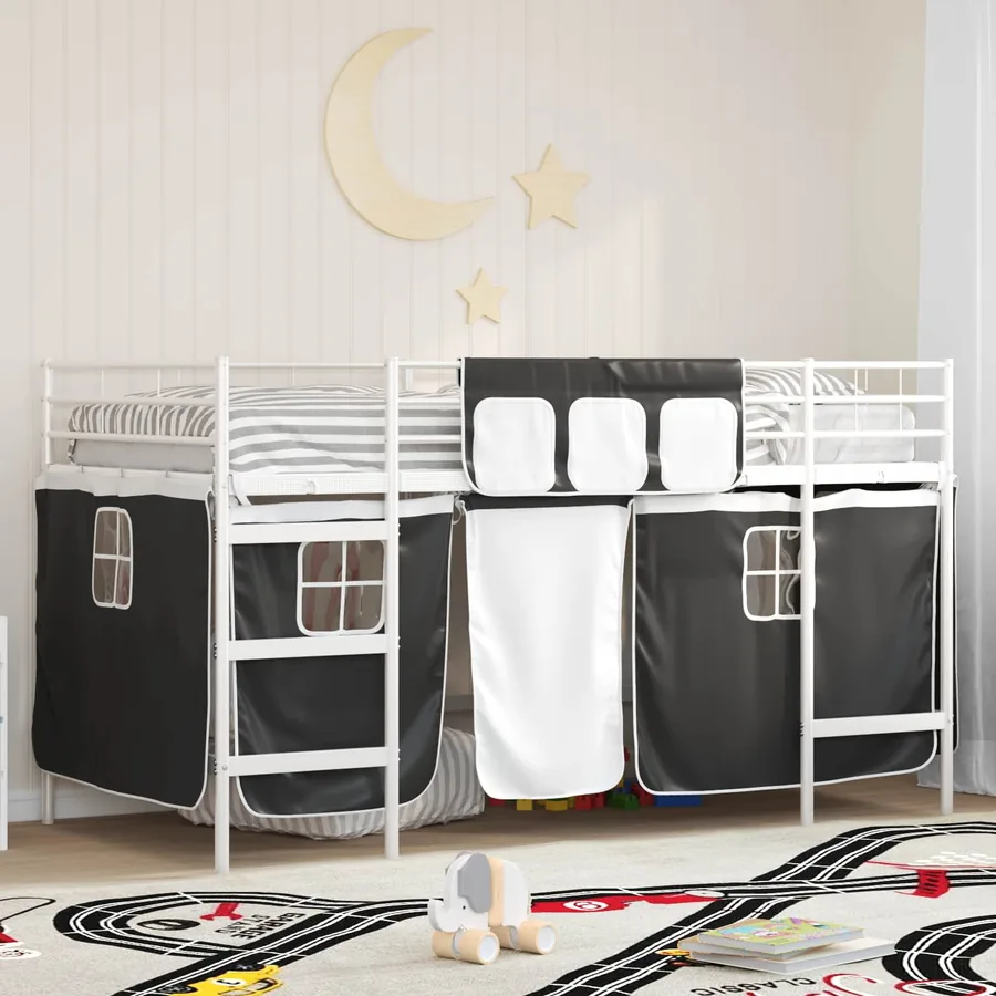 Cadre de Lit Mezzanine pour Enfants avec Rideaux Blanc et Noir